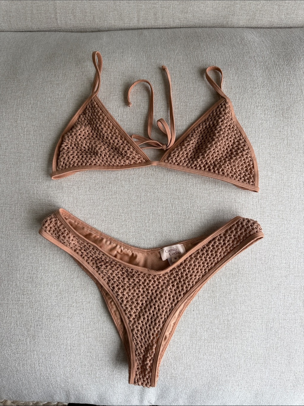 Camila Coelho Brown Crochet Triangle Bikini Set